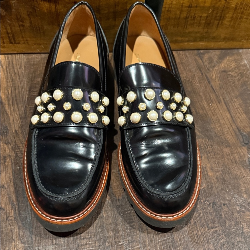 Stuart Weitzman Black Loafers with Pearl Accents